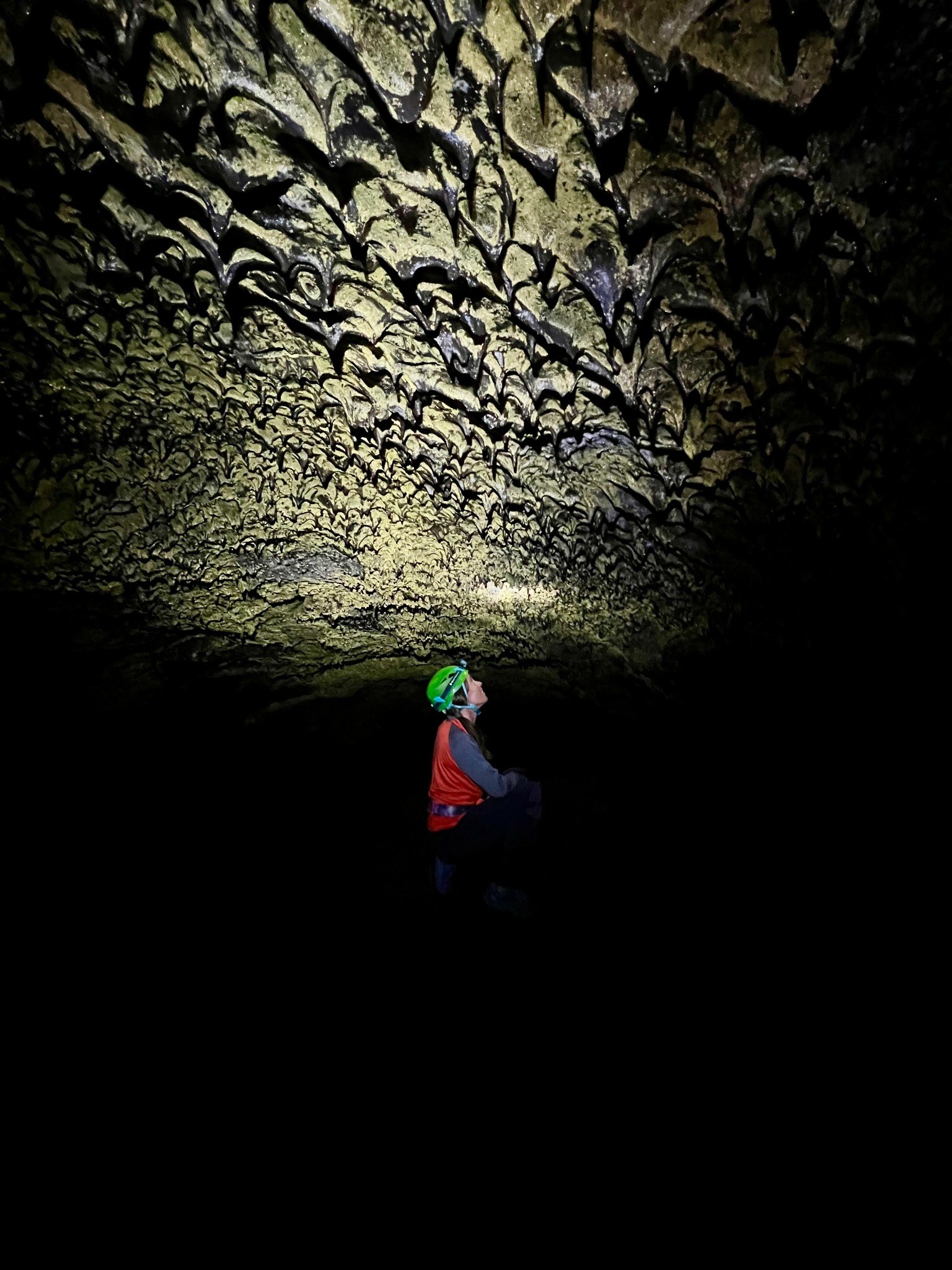 Sasha looking up inside a dark cave